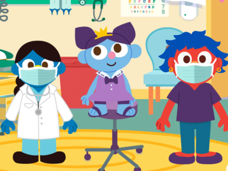 A cartoon child visiting the doctor.