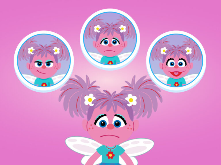 Abby Cadabby with different feelings in bubbles above her.