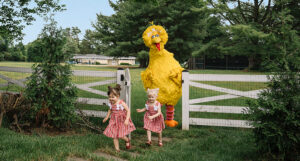 Big Bird playing with children in a field.